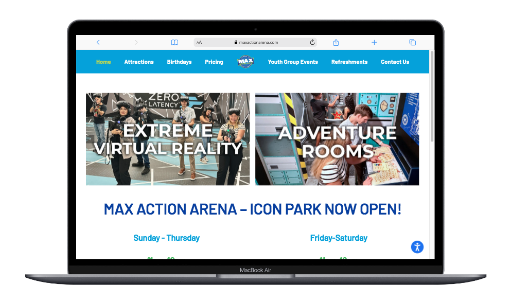 Screenshot of a website for MAX Action Arena with sections for attractions, birthdays, pricing, youth group events, refreshments, and contact information. The page features images of virtual reality experiences and arcade adventure rooms, and announces that MAX Action Arena is now open at Icon Park.