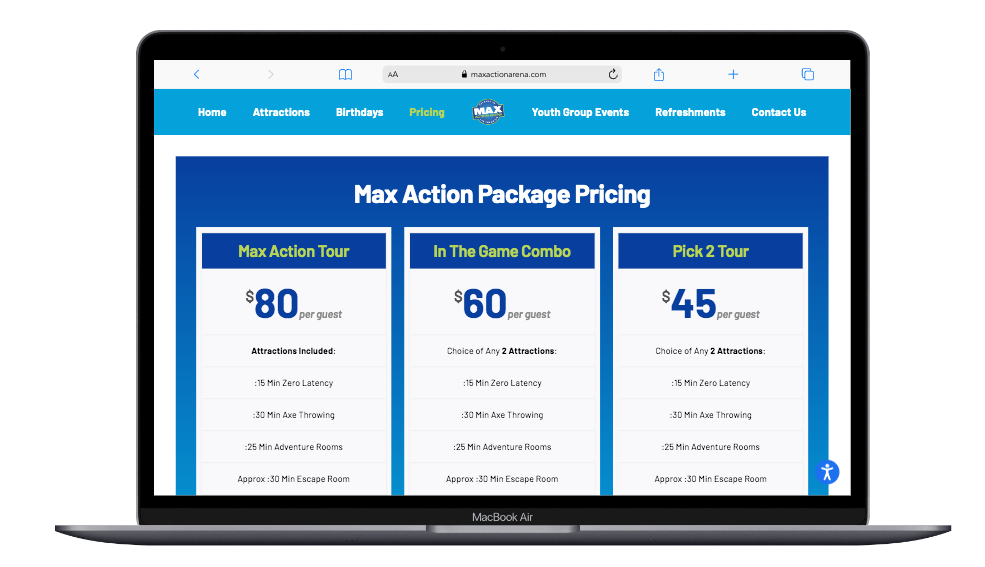 Screenshot of a website displaying Max Action Package Pricing with three options: Max Action Tour for $80, In The Game Combo for $60, and Pick 2 Tour for $45, each including various attractions and approximate durations.