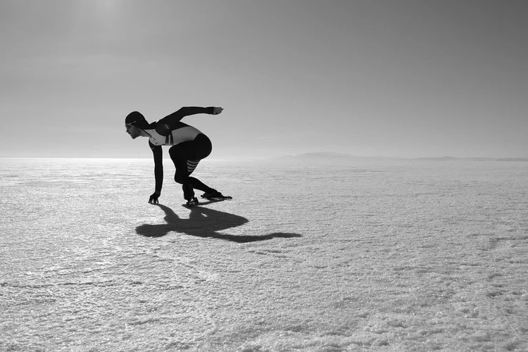 Haralds Silovs, Latvian speed skater, in a start position on natural ice