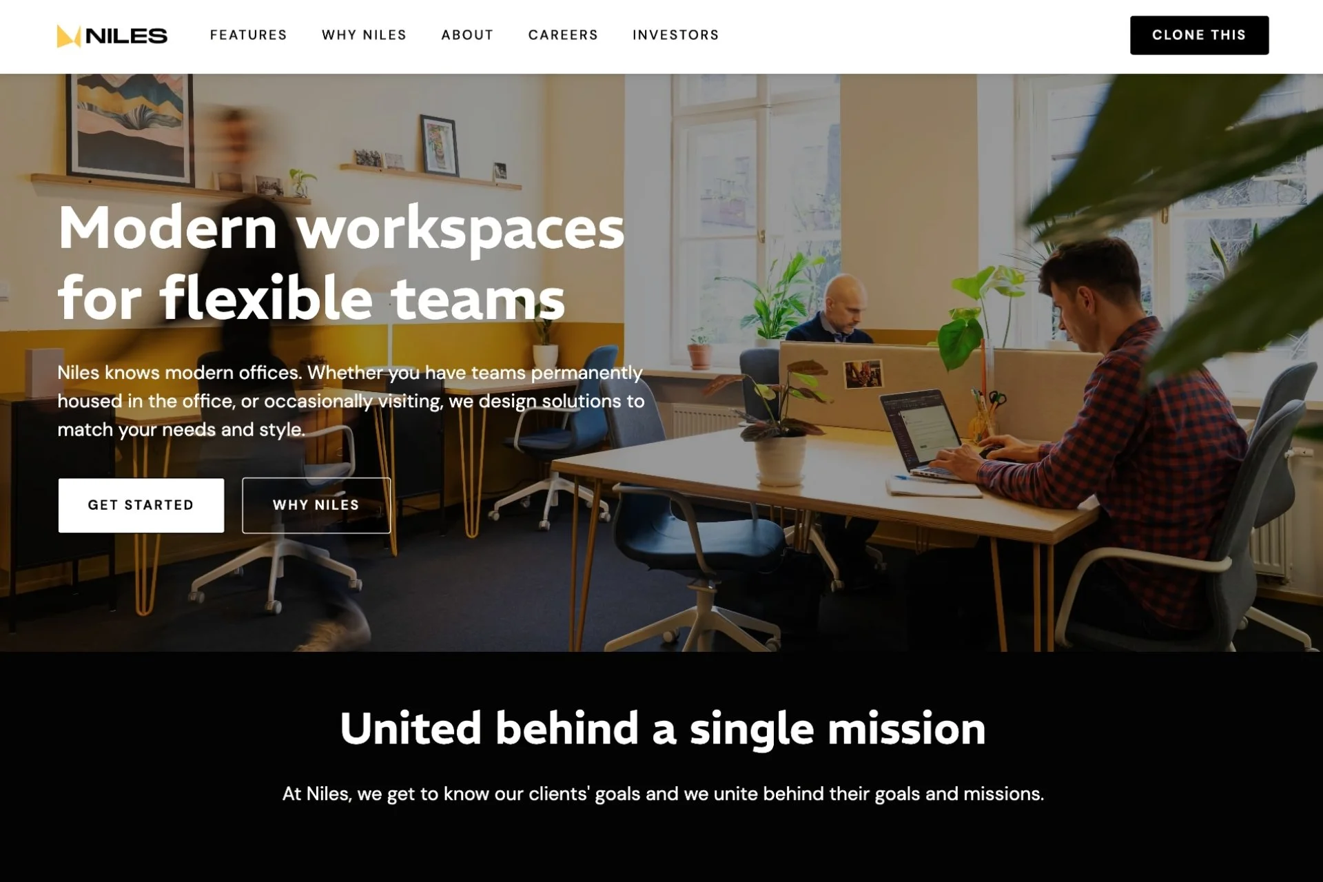 A webpage for Niles featuring a modern workspace with people working at desks in a bright, office setting with large windows and green plants.