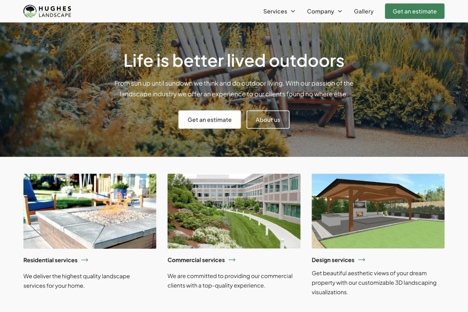 Screenshot of Hughes Landscape website homepage featuring a garden scene with a wooden bench and yellow flowering plants, including website navigation menu and call-to-action buttons.