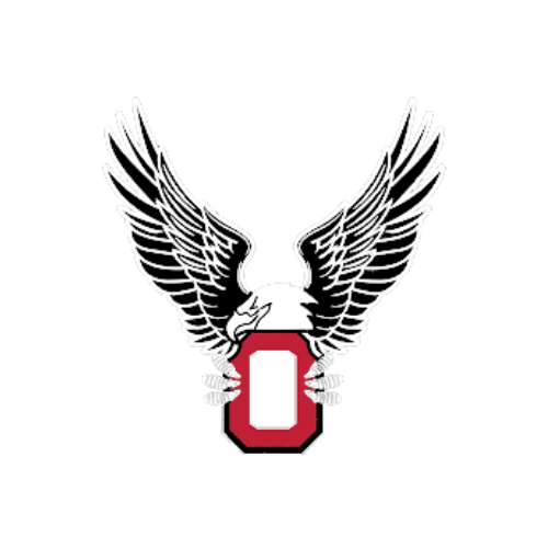 A stylized eagle with outspread wings clutching a red O for the Onteora High School Eagles .