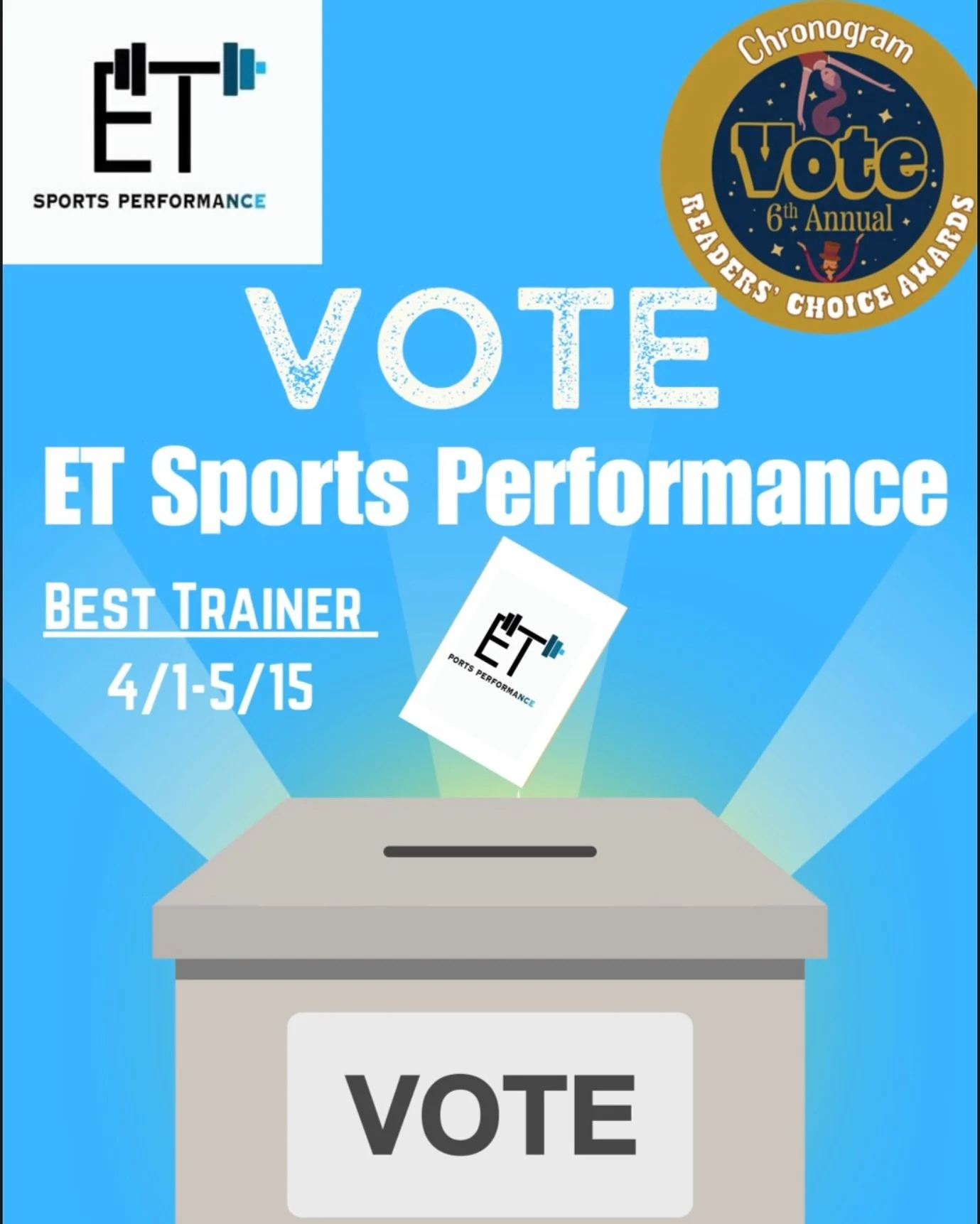 📢 Happy to announce ET Sports Performance made it to the final 5 voting stage for the 2025 Chronogrammies!

Thank you to everyone that has voted thus far as we approach the final stretch.

Polls are open until May 15th and you can vote 1x per day. 

