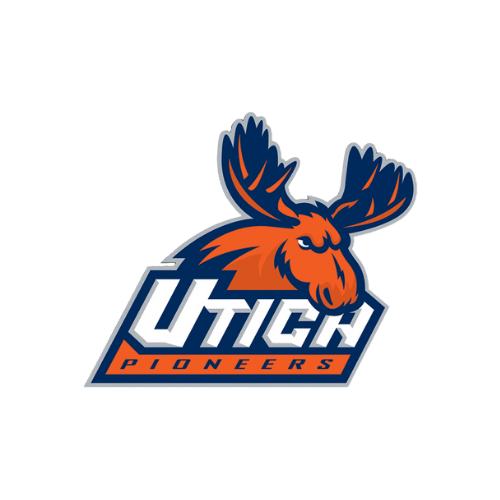 Logo of a sports team with a moose head and the words "Utica Pioneers".