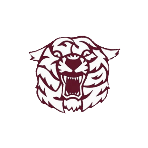 Illustration of a fierce lion's head in dark purple and white.