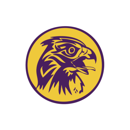 A stylized eagle head inside a yellow circle with a purple outline.