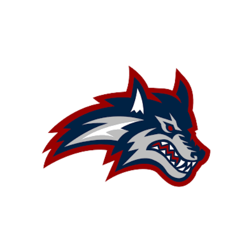 A stylized wolf head logo in navy blue, gray, and red with a fierce expression.