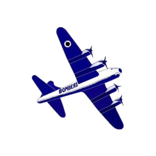 Blue toy airplane with the word 'BOMBER' on the fuselage, depicted from a top-down perspective.