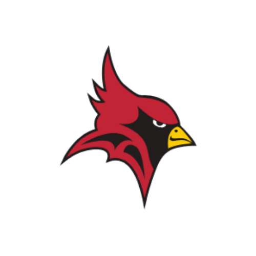 Illustration of a red and black cardinal bird head with a yellow beak.