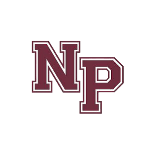 Maroon and white embroidered letters 'NP' on green background.