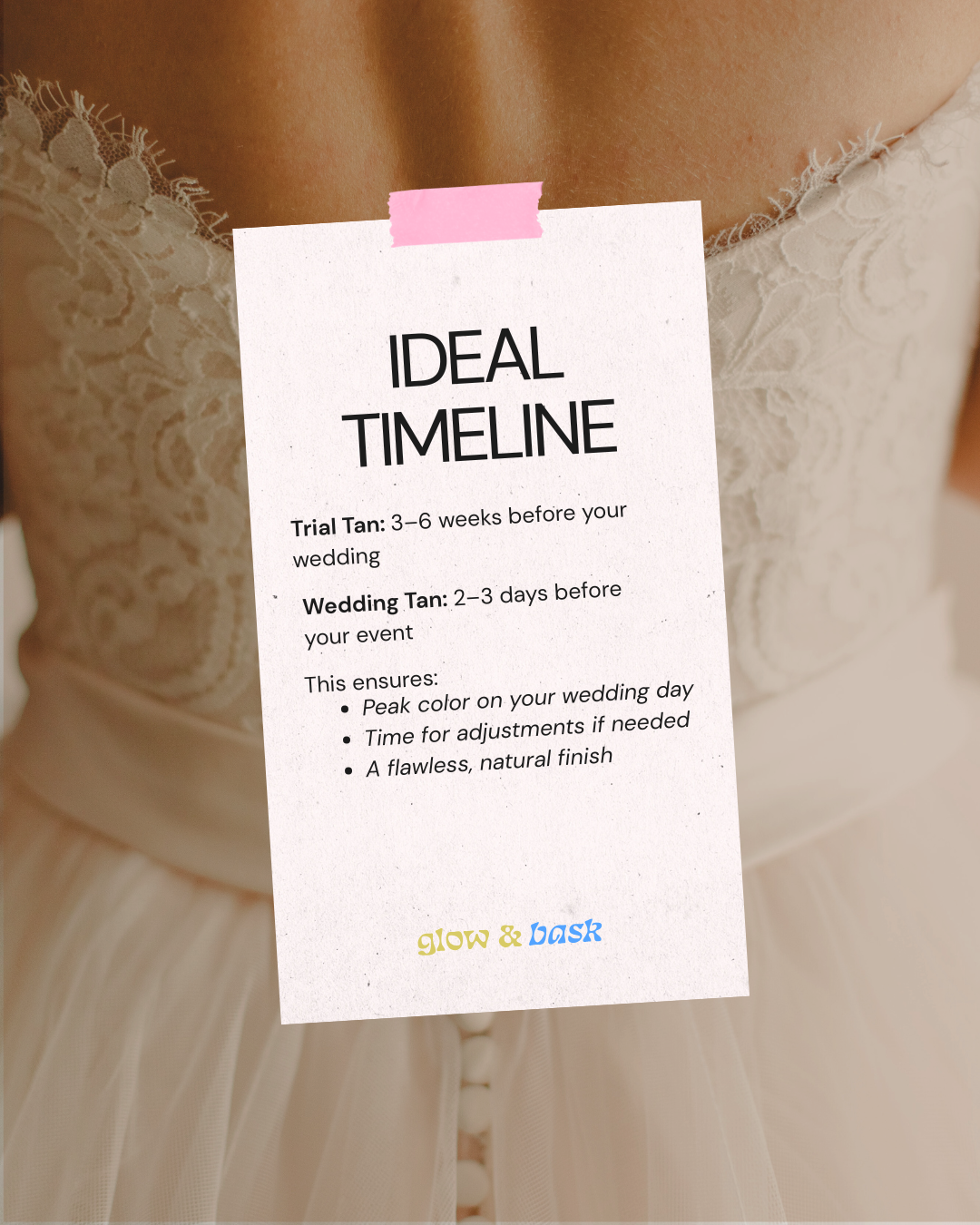 Wedding spray tan trial in Friendswood and Pearland TX by Glow & Bask. Custom bridal airbrush spray tan consultations and trial tans designed to match your skin tone perfectly for a natural, streak-free, long-lasting wedding day glow.