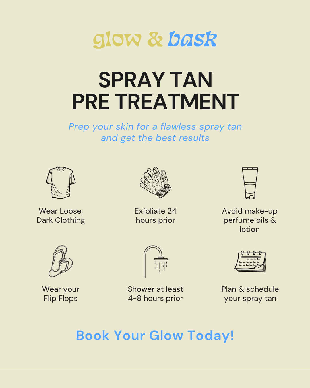 Bridal spray tan prep guide by Glow & Bask in Friendswood and Pearland TX with tips for flawless custom airbrush spray tans near me.