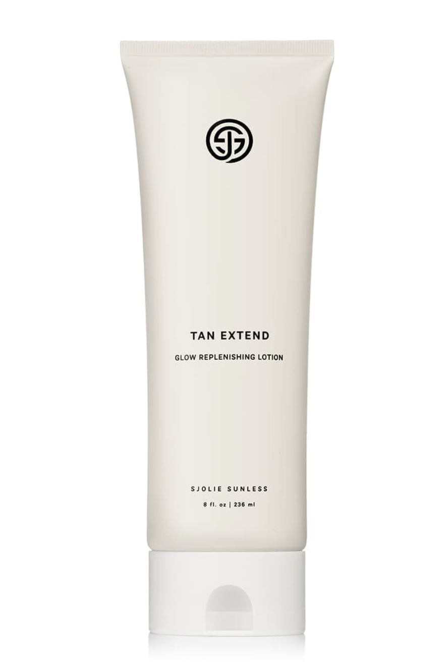 Glow & Bask Tan Extender Lotion bottle, DHA-infused, pineapple-scented for smooth, long-lasting spray tan results