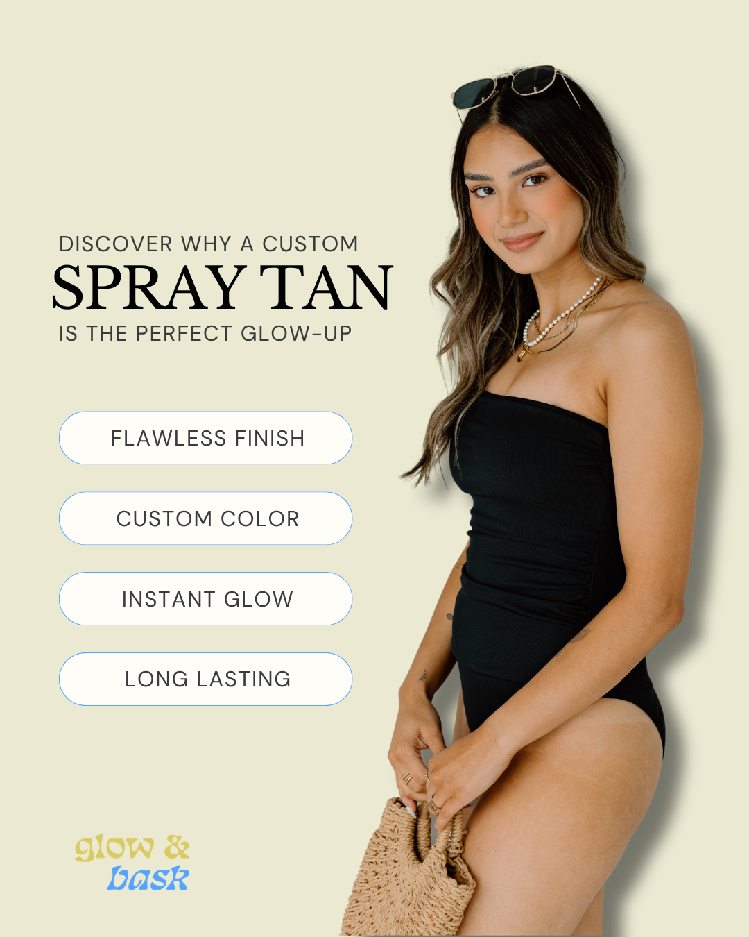 Custom spray tan matched to your unique skin tone by Glow & Bask in Friendswood, Pearland, and League City TX. Luxury airbrush spray tanning for natural-looking, streak-free color with bridal spray tans, mobile spray tan services, rapid rinse tans, a