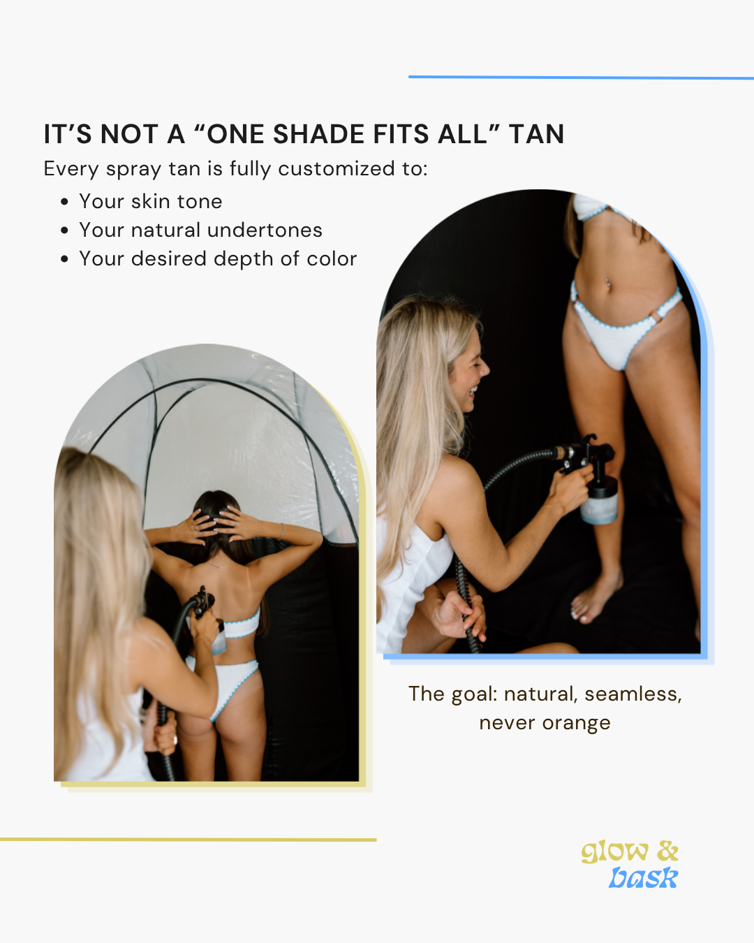 Luxury bridal spray tan prep guide in Friendswood and Pearland TX by Glow & Bask. Wedding spray tan checklist for brides including exfoliation, shaving, beauty appointments, and custom airbrush spray tanning for natural, streak-free bridal glow and l