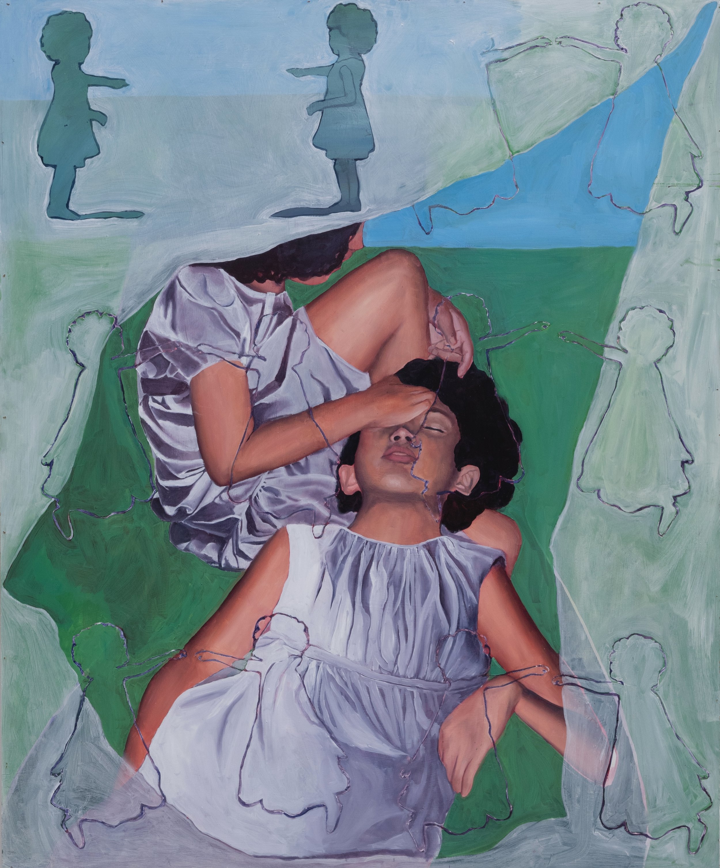 between play: adorned tenderness, oil on board, 2025