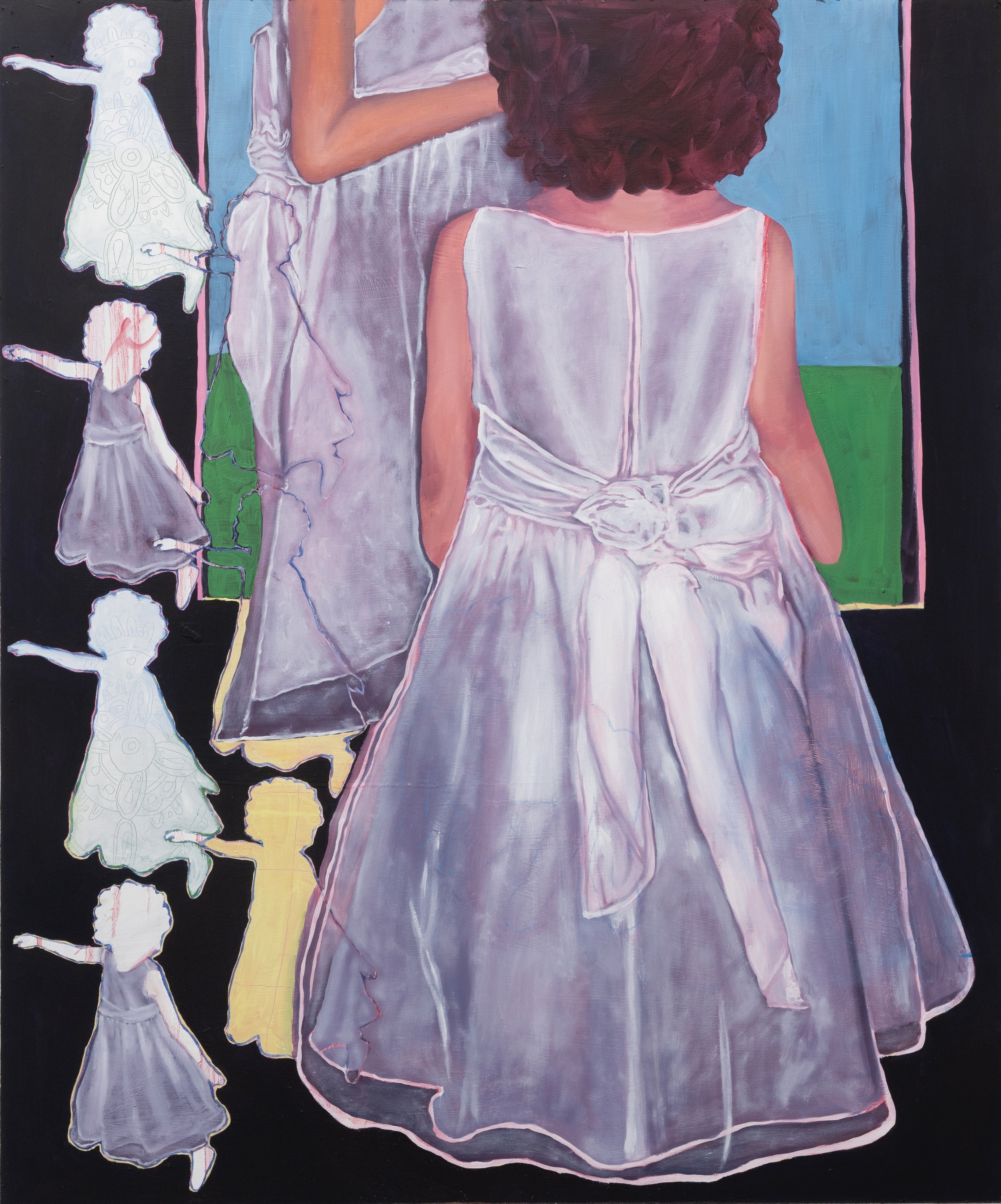 phatic expressions dressed in tulle, oil on board, 2025