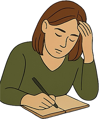 Illustration of a woman with brown hair, wearing a green shirt, sitting at a table, holding her head with one hand and writing in a notebook with the other.