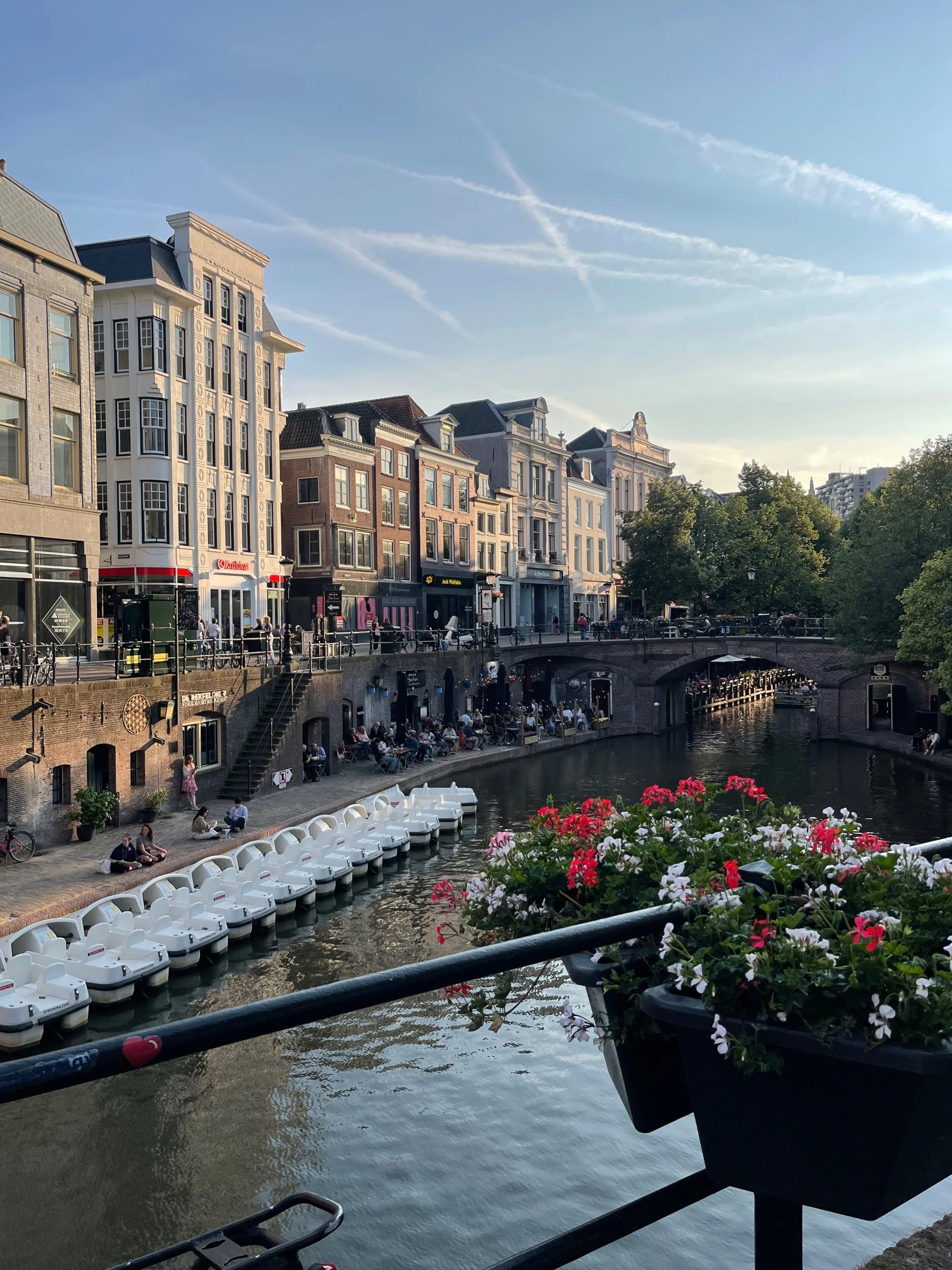 Levendig kanaal met bloemen op de voorgrond – beeld van inspiratie en vreugde.