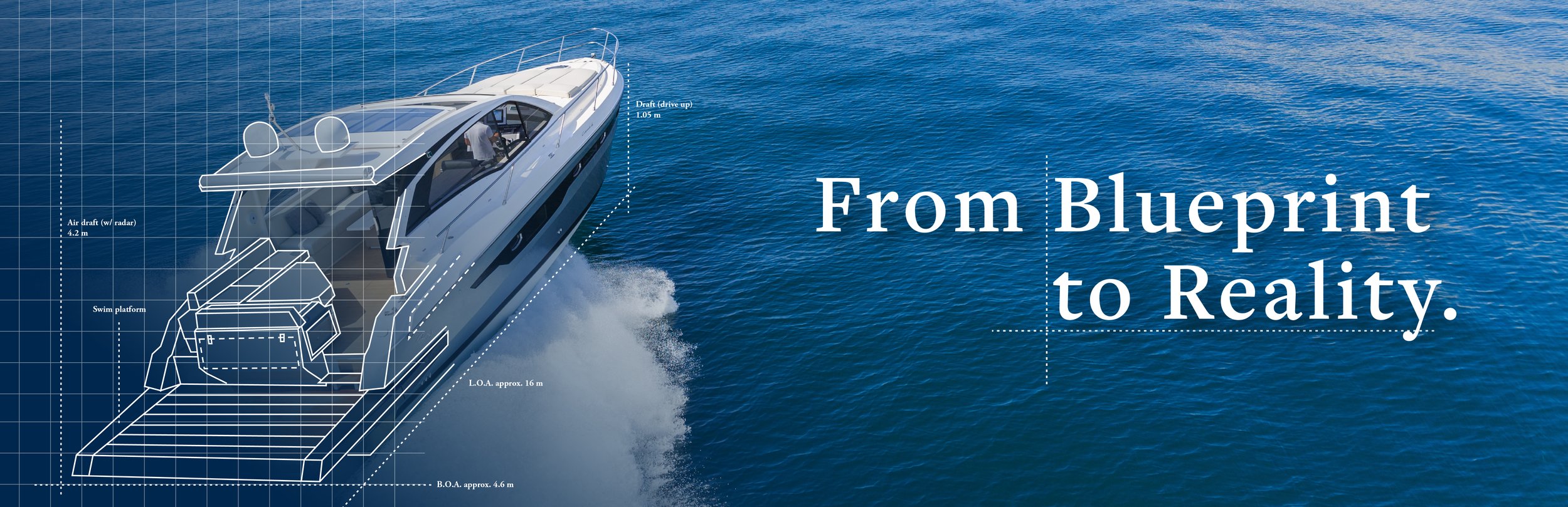 A website banner showing a financial plan blueprint transitioning into a reality of a boat on the water, illustrating how a custom financial strategy can turn into reality