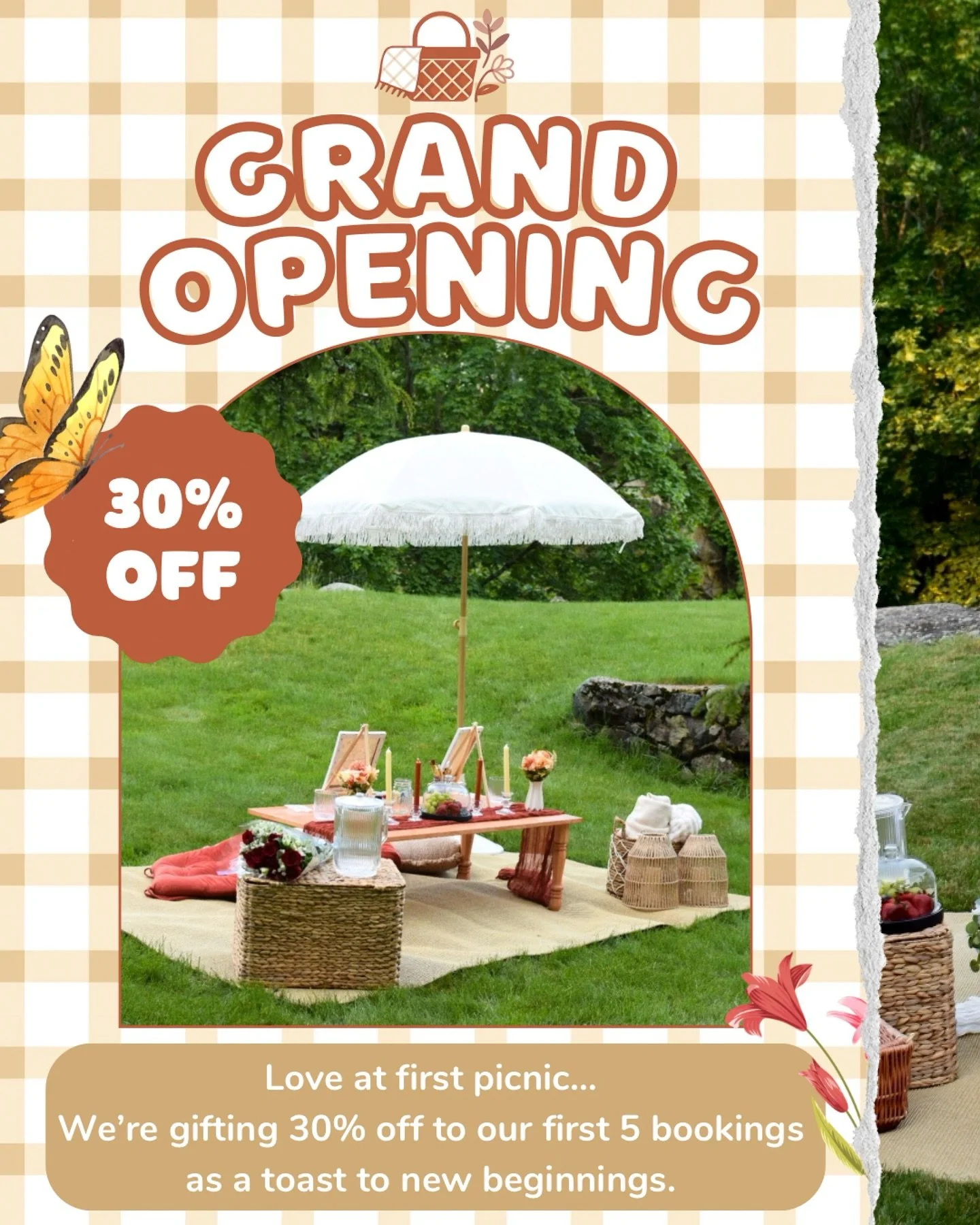✨ We’re officially open! And to celebrate, we’re giving our first 5 guests an exclusive 30% off their luxury picnic experience! 🧺💫
Using the discount code “TERRACOTTA”. 
Be one of the first to book and let us create an unfo