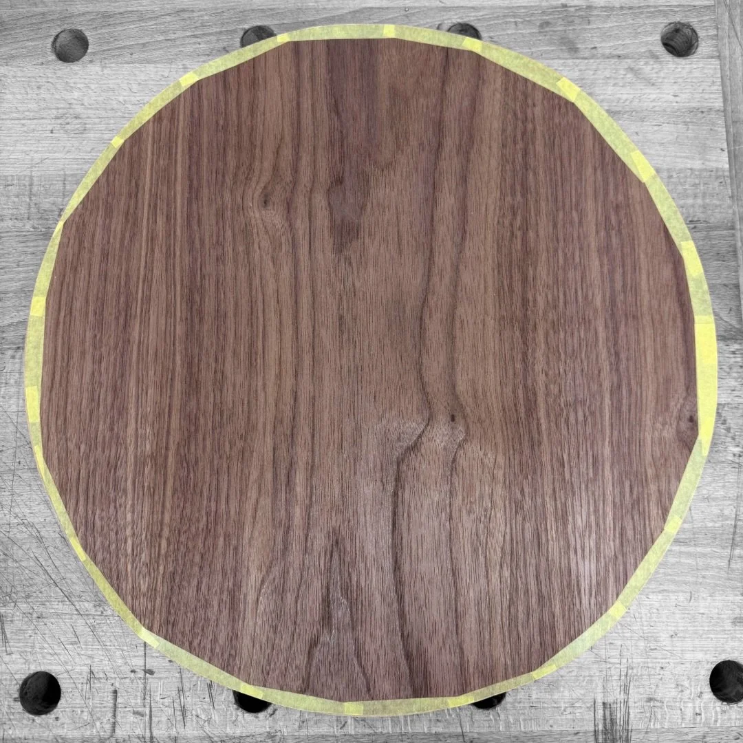 Veneering Day One ✔️

For our next project, we&rsquo;re crafting a small table with a top veneered with different patterns on both sides. This side is relatively plain, though I tried to blend the joint lines to create the illusion of one solid panel