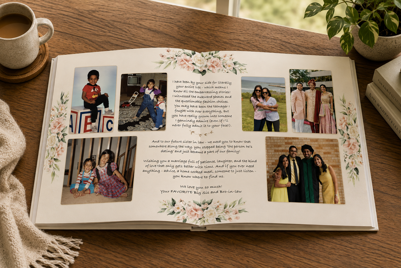 A scrapbook page with five family photos and handwritten notes, decorated with pink and white floral designs.
