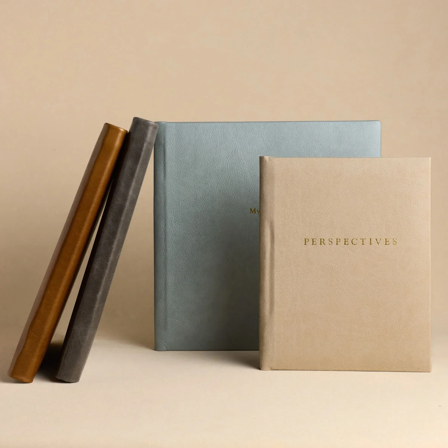 Three books with leather covers and one softcover book titled 'Perspectives' arranged on a beige background.