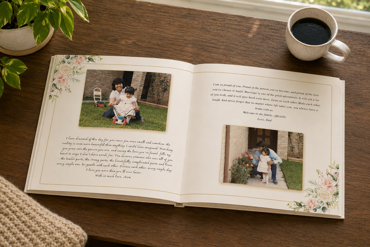 Open scrapbook with two photographs of a woman and man with a young girl outdoors, one of them on a lawn riding a tricycle and the other by a doorway watering plants, beside a cup of black coffee and green houseplants on a wooden table.