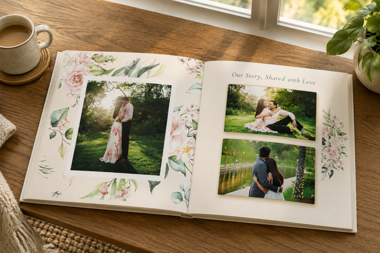 Open scrapbook with floral border, showing three outdoor wedding photos on a wooden table near a window, with a potted plant and a cup of coffee nearby.