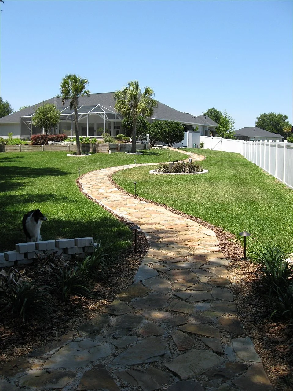A backyard with a stone pathway leading to a house with a screened porch. There are palm trees, bushes, a flagstone garden bed, and a white privacy fence. A cat is sitting in the shaded area near plants.