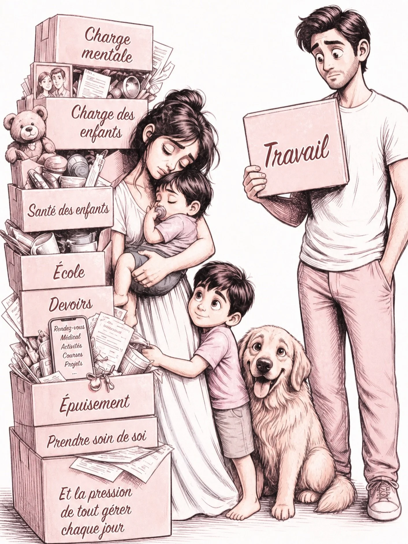 &laquo; Il rentre fatigu&eacute; du travail. Elle, ne rentre jamais. &raquo;

Sa journ&eacute;e ne finit pas &agrave; 18h.
Elle continue&hellip; dans sa t&ecirc;te.

Les devoirs.
Le rendez-vous m&eacute;dical.
Le frigo.
L&rsquo;&eacute;cole.
L&rsquo;