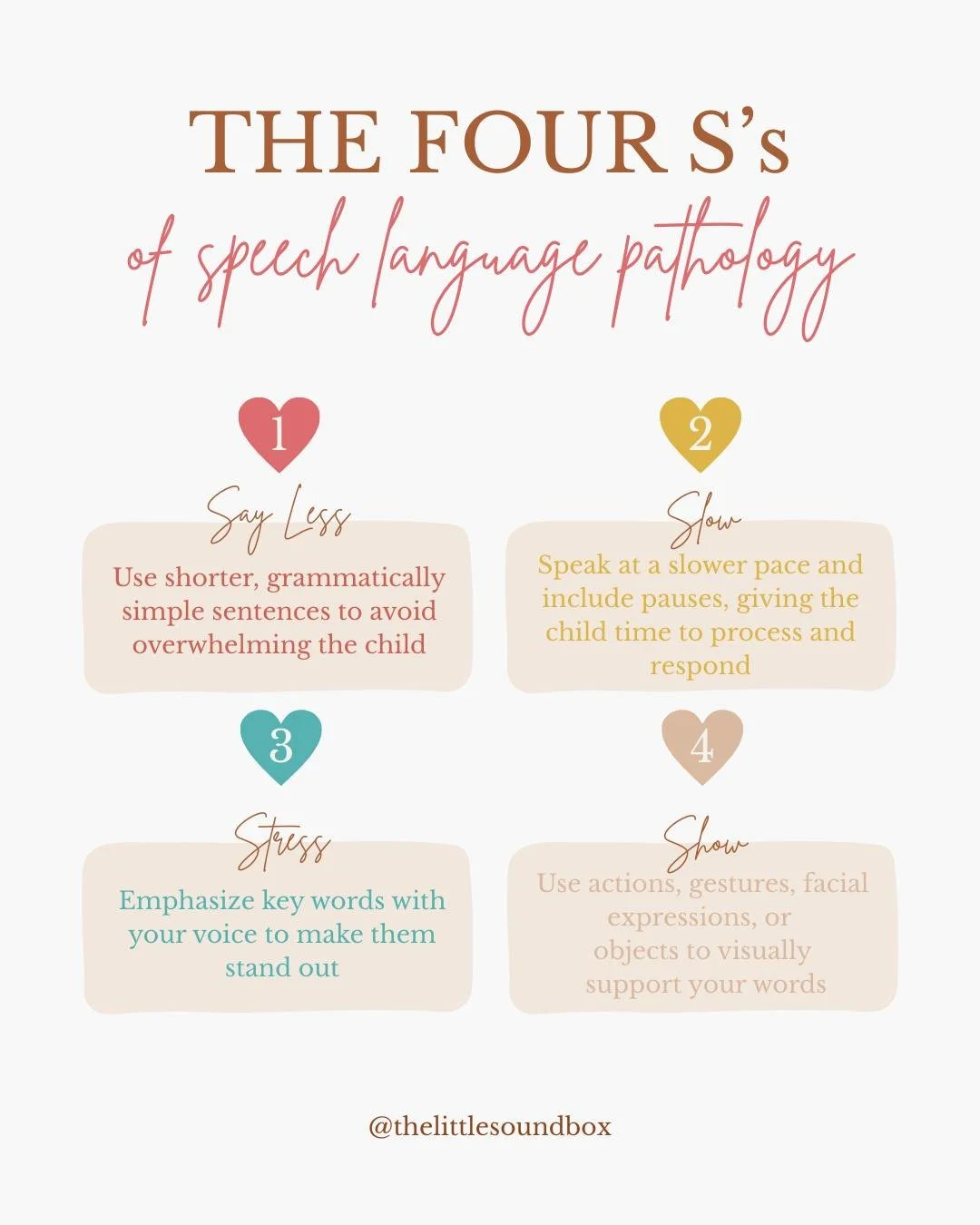 At TLSB we use the 4 S&rsquo;s to support speech and language development through simple and effective strategies. 💬✨

Saying less, showing more, going slow, and adding stress to key words helps children process and respond with greater success.

Th