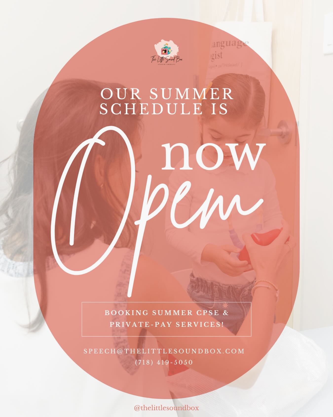 Our summer schedule is officially open! ☀️

As Nassau County CPSE clients begin their annual review meetings and receive approval for summer services, we are now booking spots.

We are also offering availability for private pay sessions. Spots are li