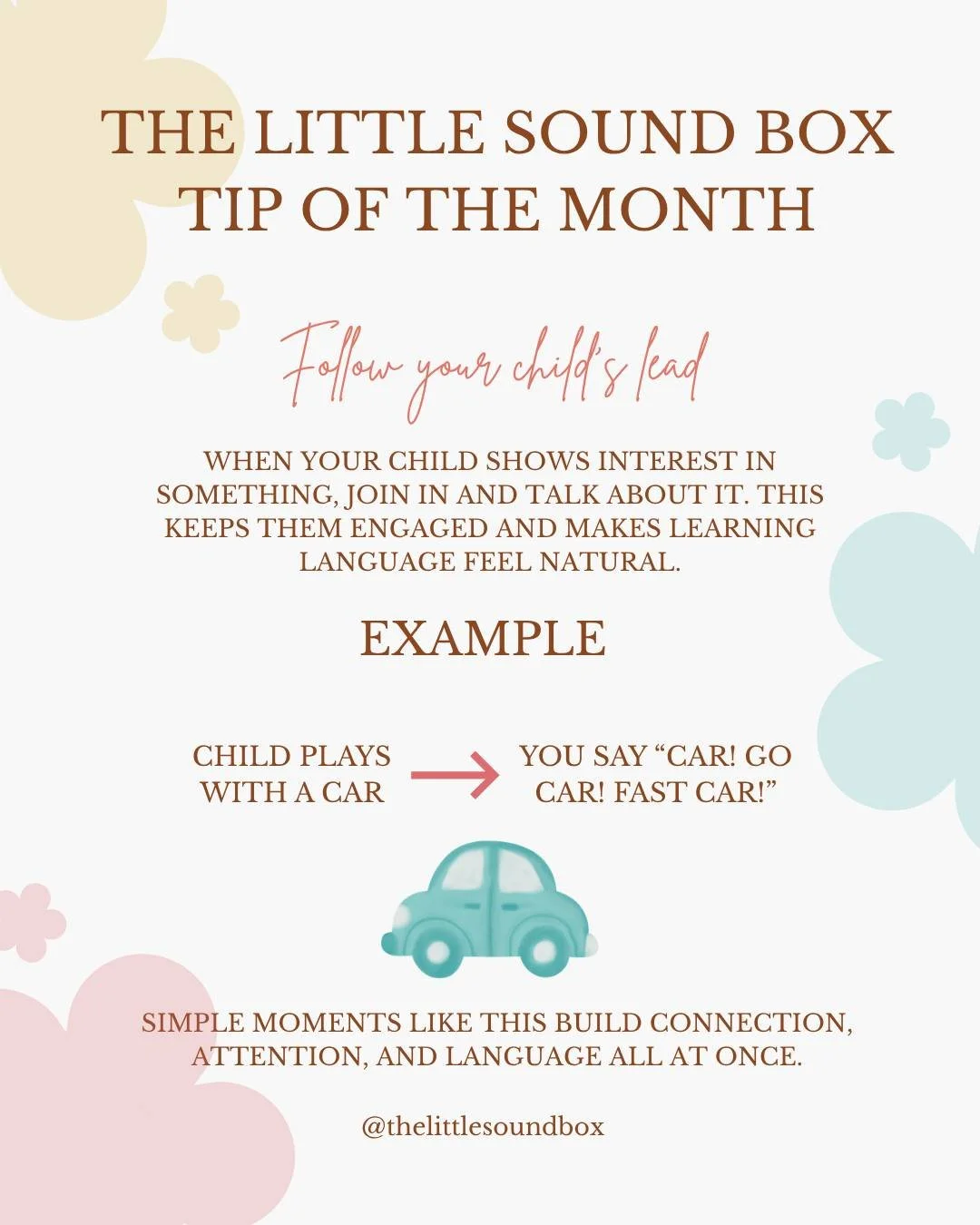 The Little Sound Box Tip of The Month 💬

Follow your child&rsquo;s lead. When they show interest in something, join in and talk about it. This keeps them engaged and helps language grow naturally.

Simple moments create meaningful progress 💗

📍 No