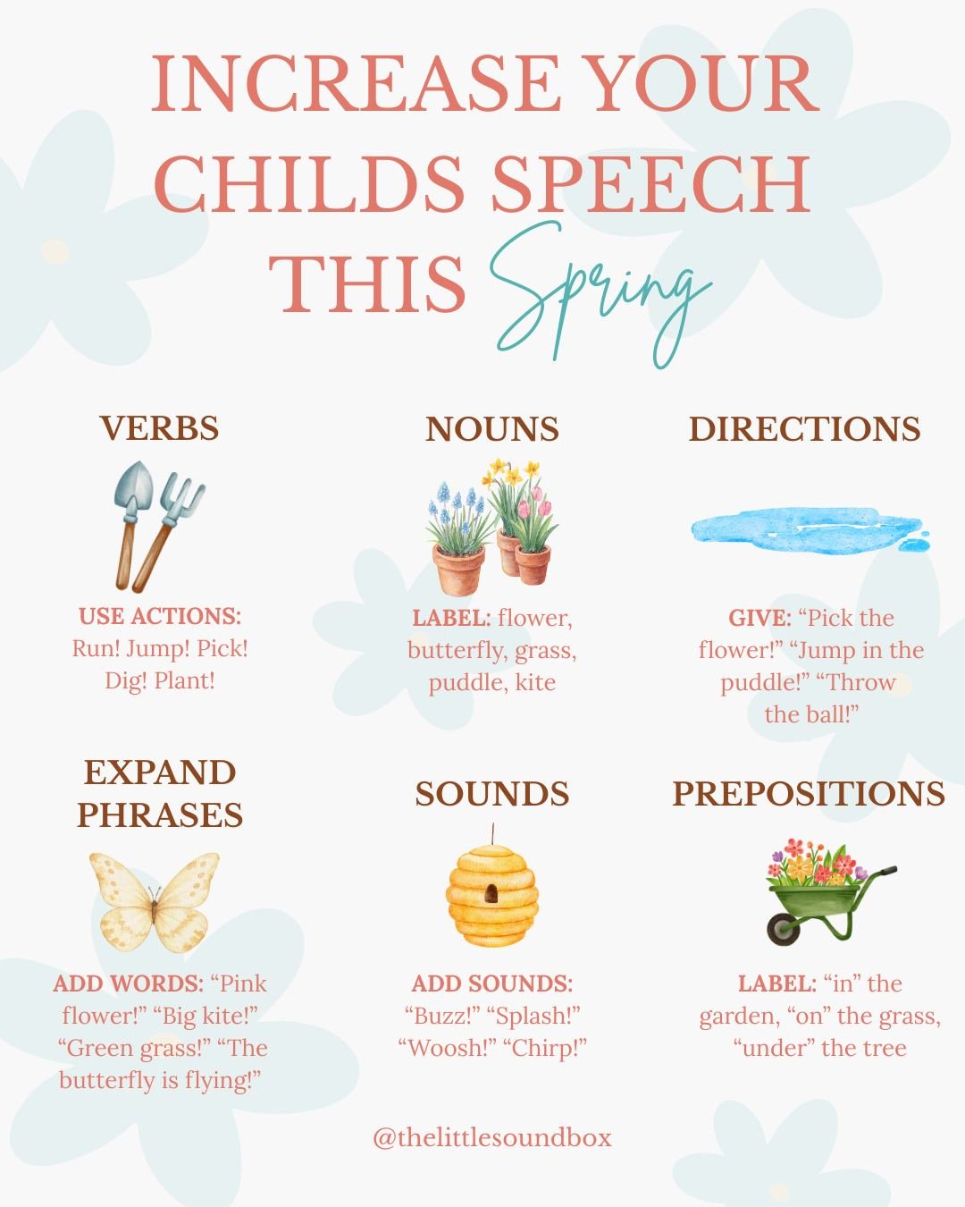 Spring is the perfect time to grow speech and language through play 🌸

Talk about what you see outside, label flowers and bugs, use action words while running and jumping, and ask simple questions while exploring together. Everyday moments turn into