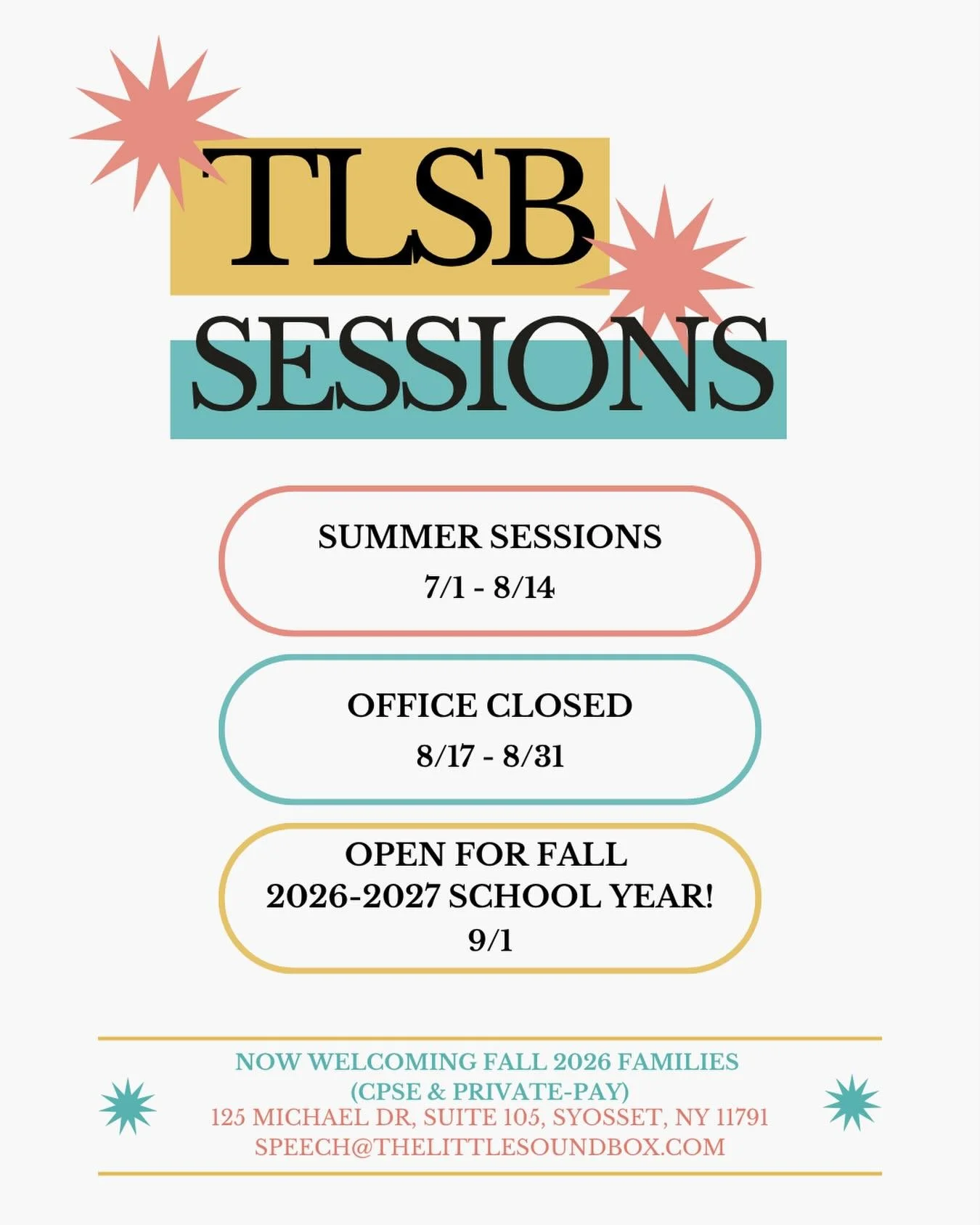 Summer sessions are officially here ☀️💬

Here&rsquo;s a quick look at our TLSB summer schedule! We are so excited to continue supporting our little speechies through the summer and head into another amazing fall season.

✨ Summer Sessions: 7/1&ndash