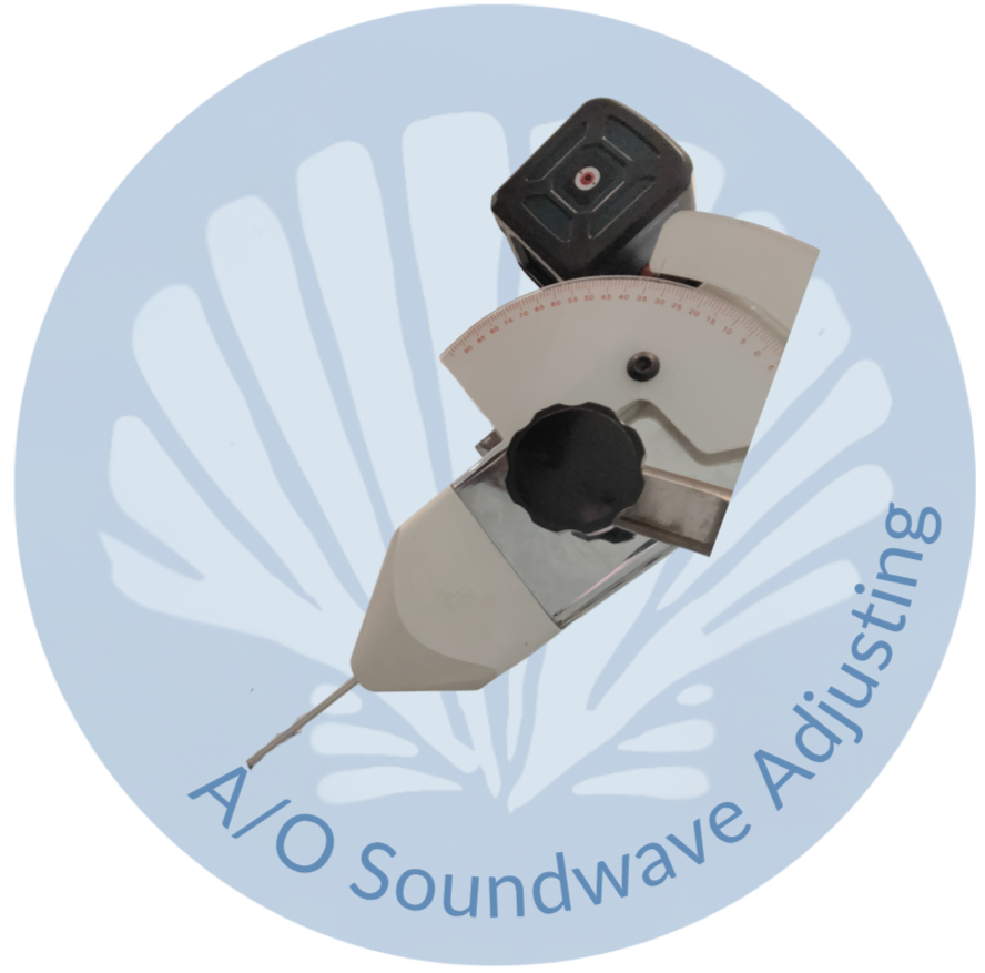 A device used for soundwave adjustment with a black dial, a white protractor, and a sensor attached to a white surface, with a blue background featuring the text "A/I/O Soundwave Adjusting."