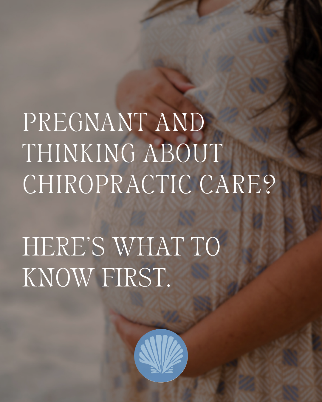 A pregnant woman holding her belly, wearing a patterned dress, with text overlay about chiropractic care during pregnancy and an icon at the bottom.