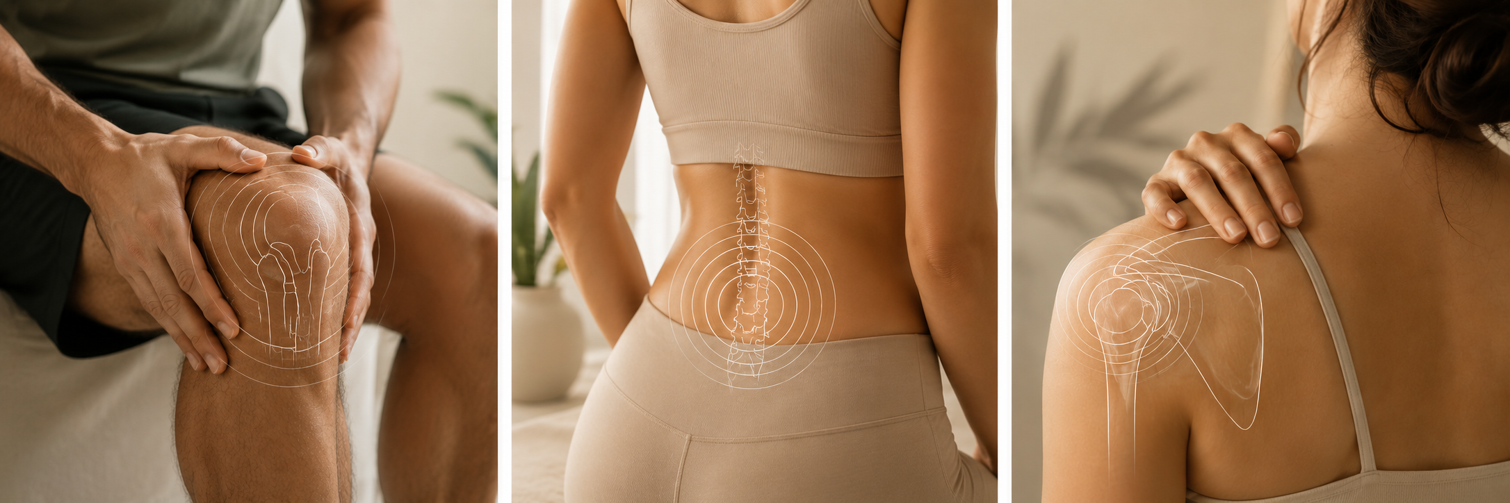 Three images showing different people experiencing shoulder and knee pain, with digital graphics indicating areas of pain or injury.