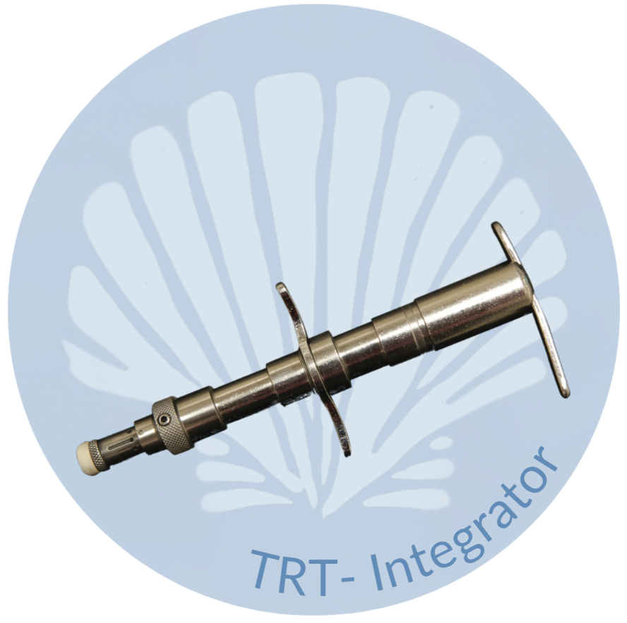 A metal syringe with a handle and sliding mechanism, placed on a light blue background with a white abstract flower design and the text 'TRT-Integrator' curved around the bottom.