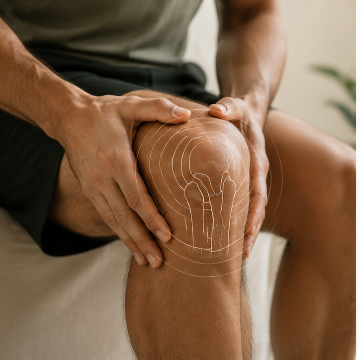 A person receiving knee pain treatment or examination from a healthcare professional, with digital graphics indicating knee joint areas.