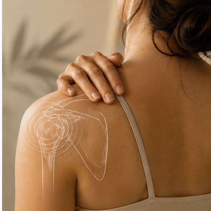A woman with light skin and brown hair, seen from the back, is touching her shoulder with her hand. An illustration of a transparent shoulder joint with concentric circles is overlaid on the shoulder area.