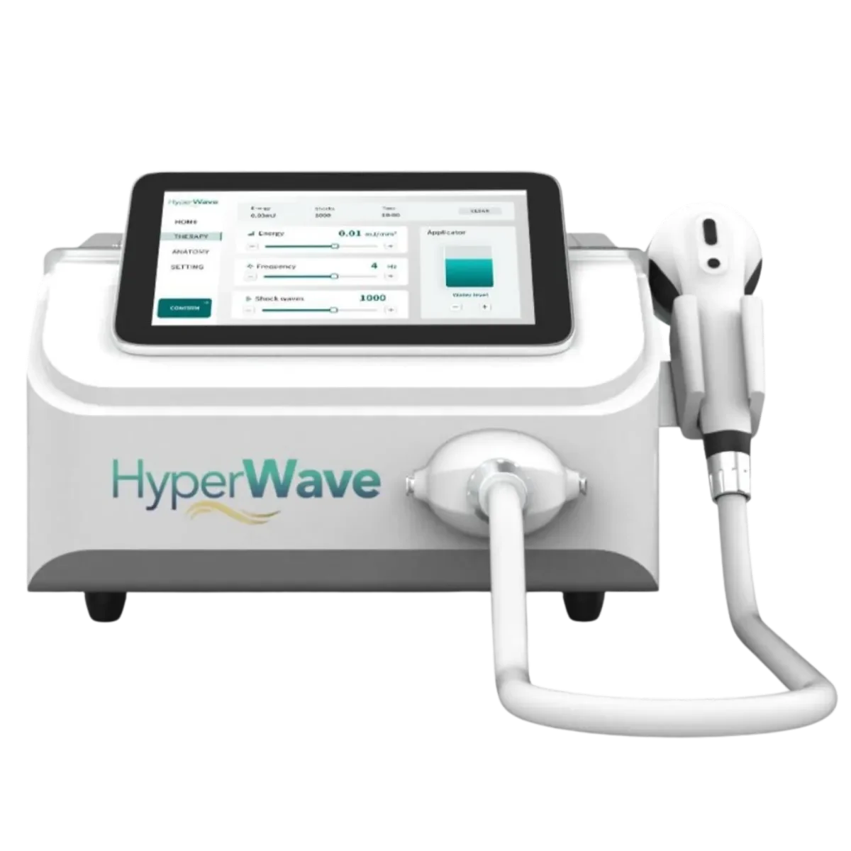 A medical device labeled 'HyperWave' with a touchscreen display, connected to a handheld applicator.