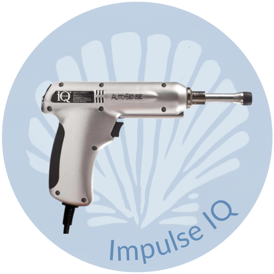A metallic handheld device resembling a medical or scientific instrument with a cord at the bottom, labeled 'Autosense,' placed in front of a blue circular logo with a stylized flower and the words 'Impulse IQ'.
