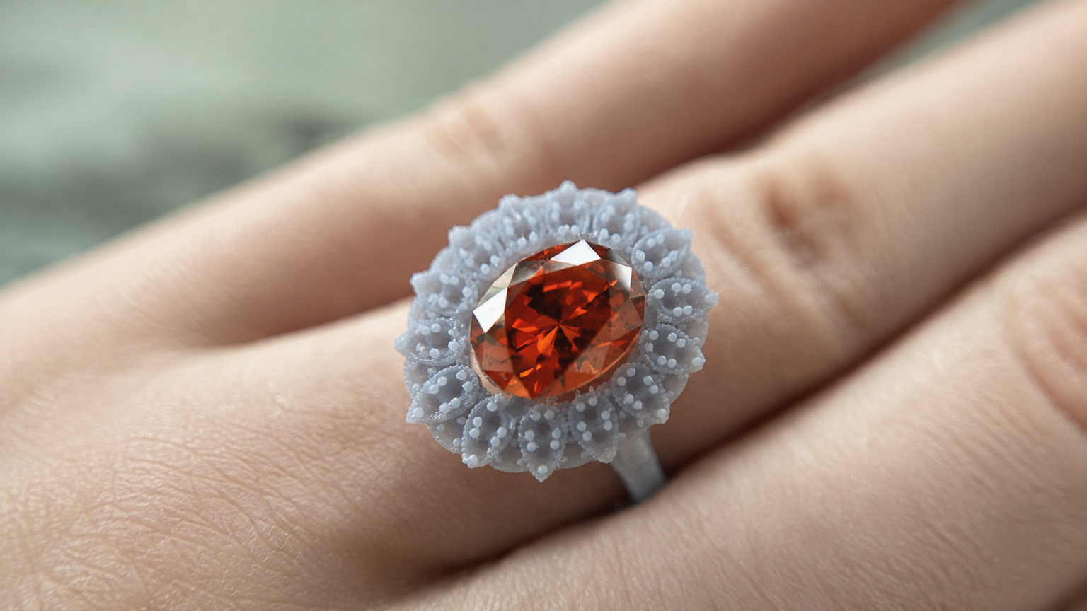 Impression 3D en résine de la monture de la bague Marceline de la maison O Marès ornée de la pierre finale