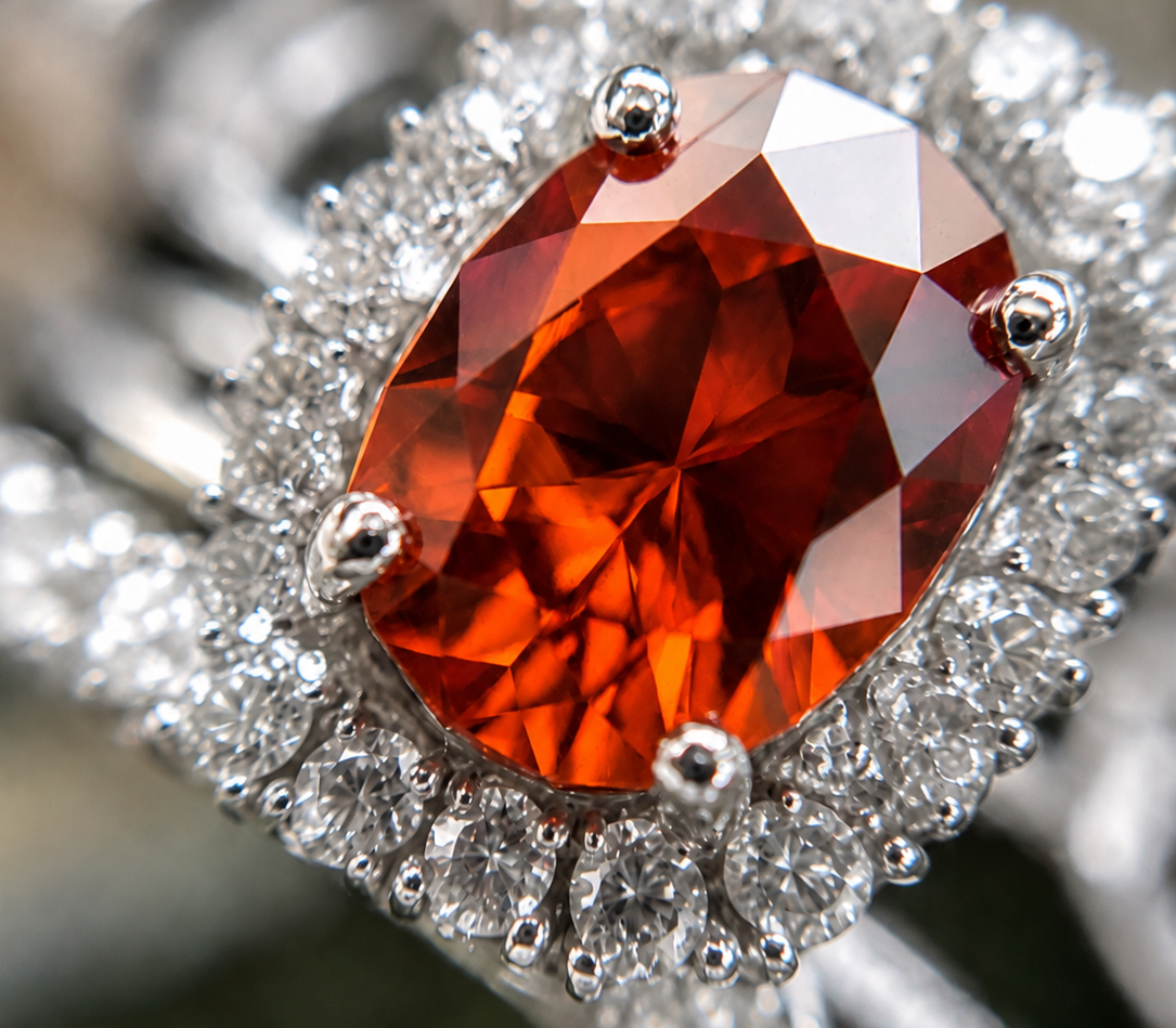 gros plan sur la pierre spessartite de la bague Emanuelle de la maison O Marès