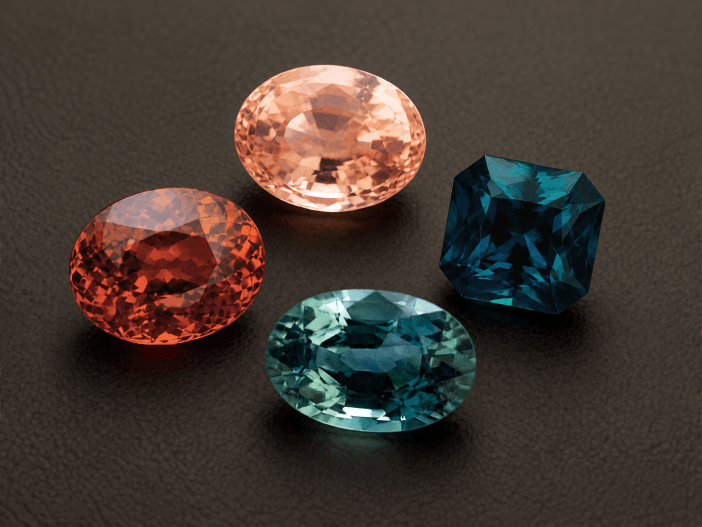 Quatre pierres précieuses de différentes formes et couleurs sur une surface sombre.