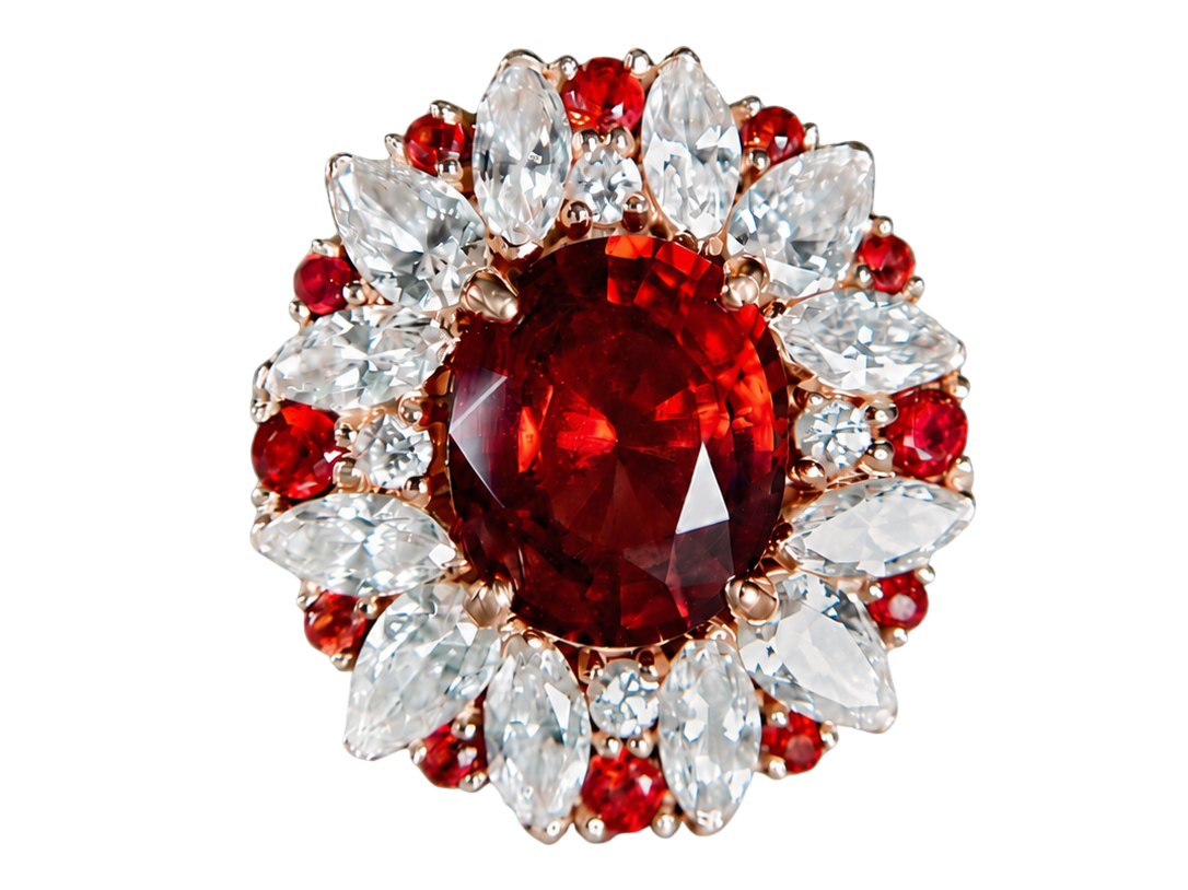 Bague de fiançailles ornée d'une spinelle rouge en pierre centrale et d'un entourage de diamants et de rubis