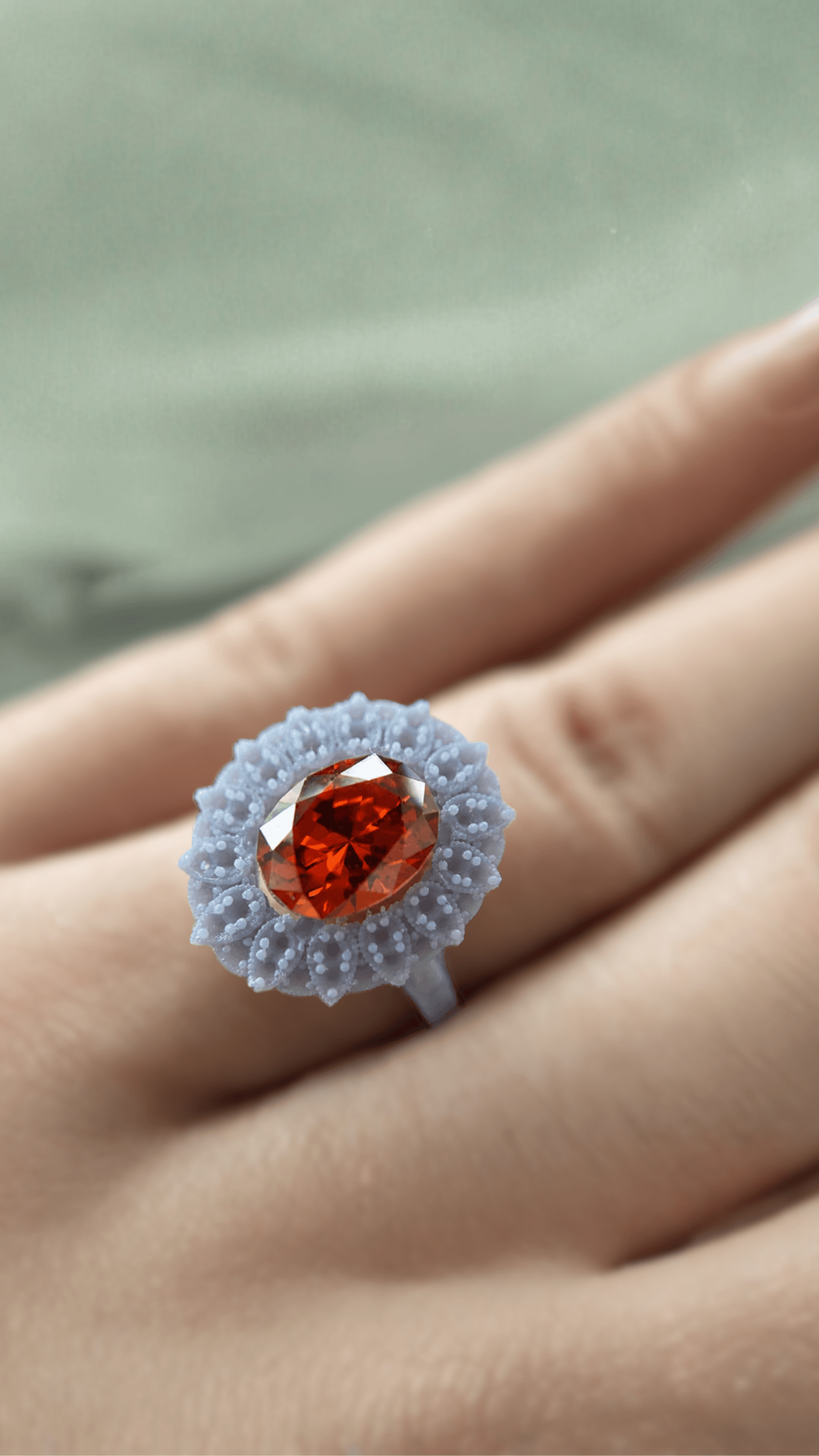 Bague avec un gros diamant orange entouré de petits diamants blancs.
